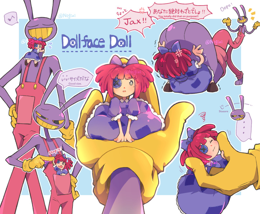 1boy, 1girl, alternate_size, anger_vein, arms_up, black_eyes, blue_background, blue_bow, blue_dress, bow, button_eyes, cheek_poking, closed_eyes, colored_sclera, dress, english_text, furry, furry_male, gloves, hair_bow, highres, holding, jax_(the_amazing_digital_circus), looking_at_another, looking_at_viewer, nogizi, open_mouth, overalls, panicking, patch, poking, purple_fur, ragatha_(the_amazing_digital_circus), red_overalls, redhead, signature, simple_background, sitting, smirk, speech_bubble, spoken_anger_vein, squiggle, standing, stepped_on, surprised, teeth, the_amazing_digital_circus, translated, upper_teeth_only, walking, watermark, worried, yellow_gloves, yellow_sclera, yellow_teeth