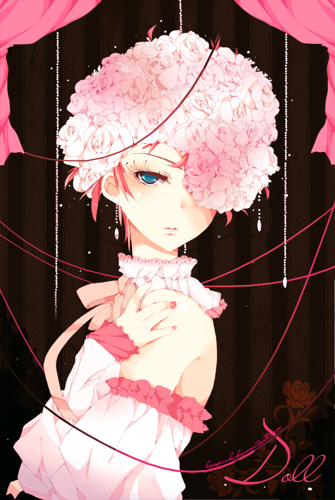 1girl, bare_shoulders, black_background, blue_eyes, collar, dress, flower, frilled_collar, frills, hair_ornament, hands_on_own_shoulders, long_sleeves, looking_at_viewer, luvpixel, multicolored_clothes, nail_polish, original, parted_lips, redhead, rose, short_hair, solo