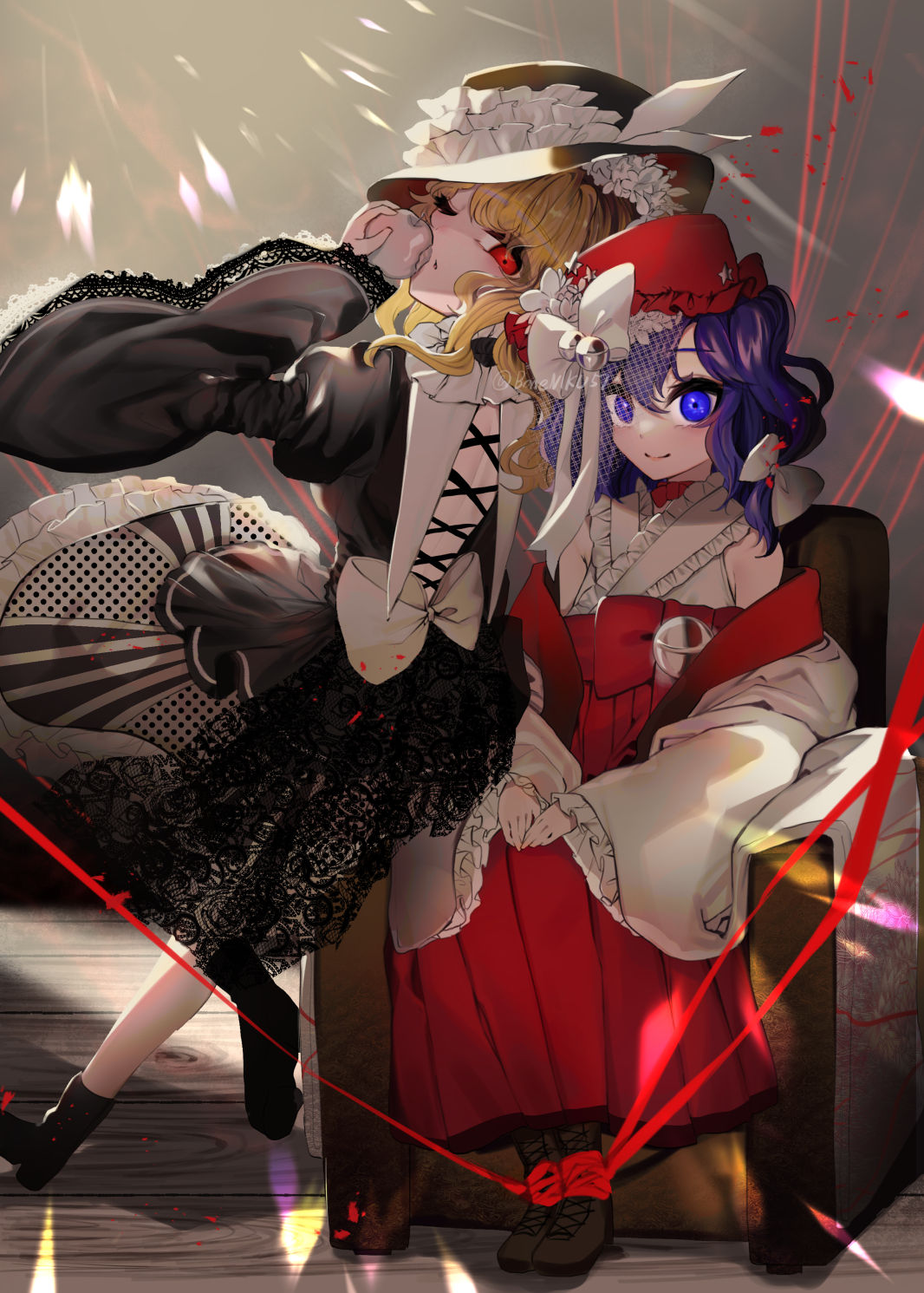 2girls, apple, armchair, black_dress, black_headwear, blonde_hair, boots, bow, brown_footwear, chair, closed_mouth, commentary_request, cross-laced_clothes, dress, food, frilled_hat, frilled_shirt, frilled_sleeves, frills, fruit, full_body, hair_bow, hakama, hakama_skirt, hat, hat_bow, highres, holding, holding_food, holding_fruit, ishikawa_sparerib, jacket_girl_(dipp), japanese_clothes, label_girl_(dipp), lace-trimmed_sleeves, lace_trim, lolita_fashion, long_bangs, long_hair, long_sleeves, looking_at_viewer, medium_bangs, medium_hair, multiple_girls, one_eye_closed, open_mouth, purple_hair, red_eyes, red_hakama, red_headwear, shirt, sitting, skirt, sleeveless, sleeveless_shirt, smile, standing, touhou, violet_eyes, white_apple, white_bow, white_shirt, wide_sleeves
