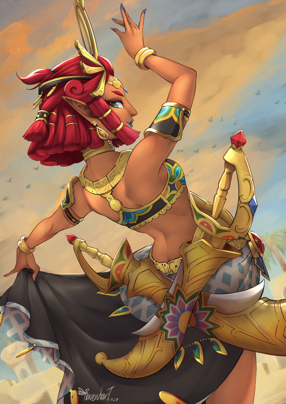1girl, armlet, artist_name, bare_shoulders, blue_lips, blue_nails, bracelet, breasts