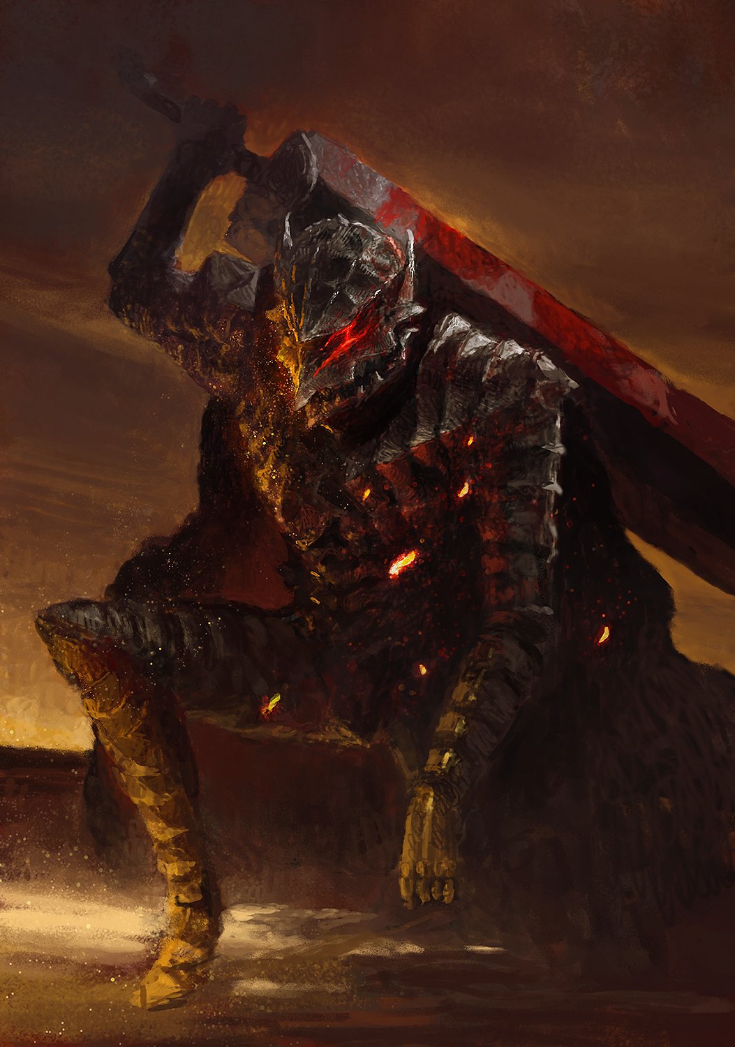 1boy, arm_up, armor, berserk, berserker_armor, black_armor, blood, blood_on_weapon, breastplate, de_rvert, dragonslayer_(sword), embers, full_body, gauntlets, glowing, glowing_eyes, greatsword, greaves, guts_(berserk), helmet, highres, holding, holding_sword, holding_weapon, huge_weapon, leg_armor, male_focus, over_shoulder, red_eyes, sitting, solo, sword, weapon, weapon_over_shoulder