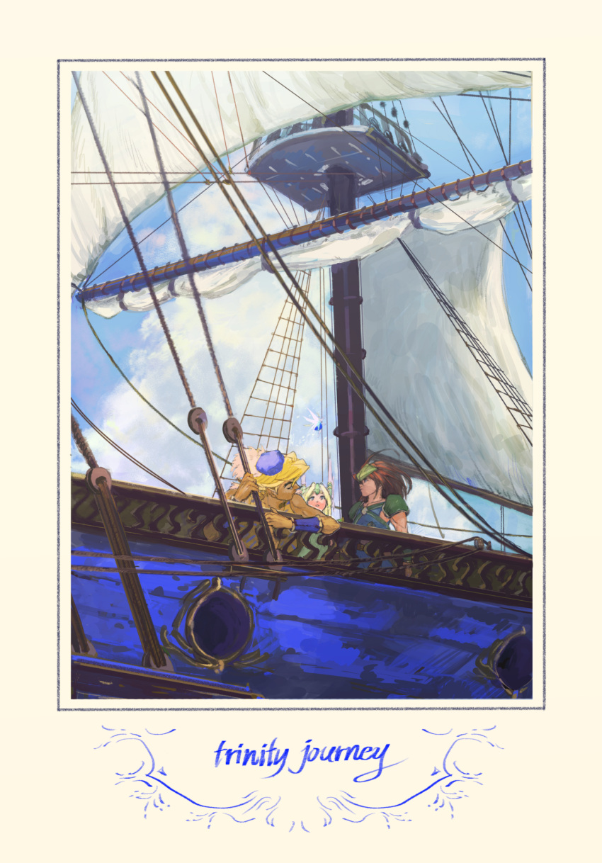 1girl, 2boys, armor, ayana_(tannsann), blonde_hair, blue_headwear, boat, border