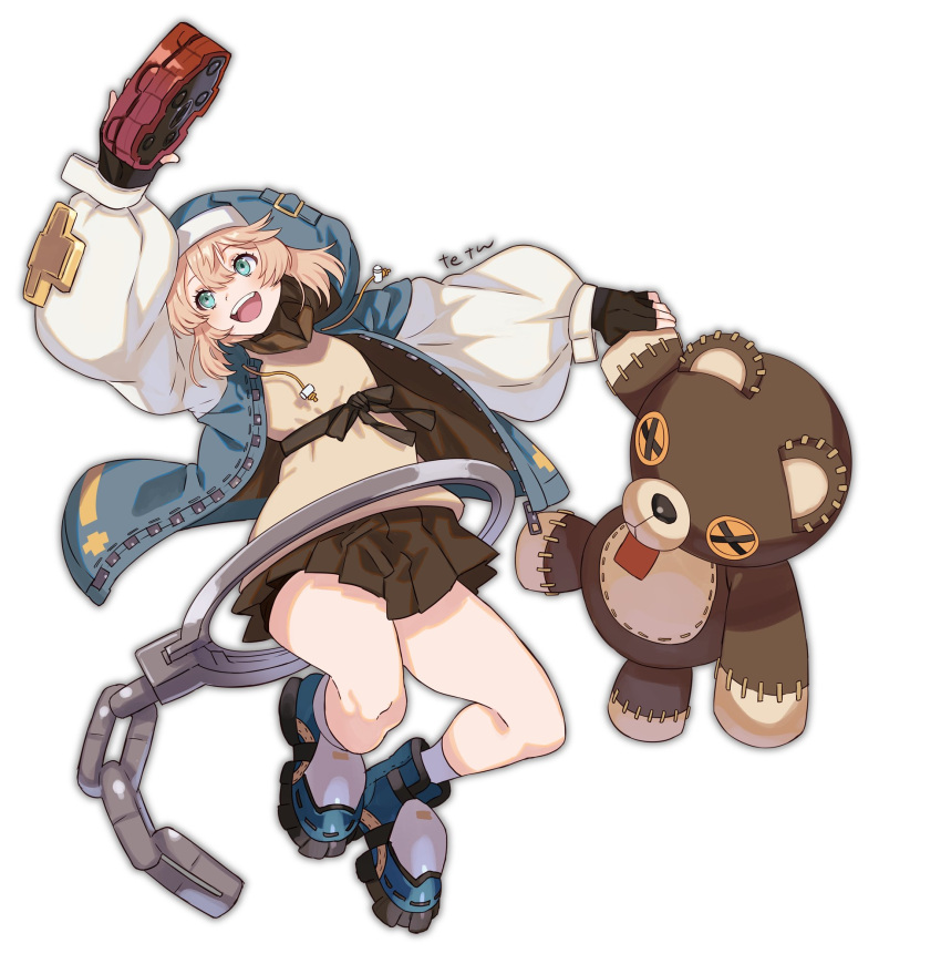 1girl, blonde_hair, blue_footwear, blue_hoodie, bridget_(guilty_gear), brown_skirt, drawstring, eyelashes