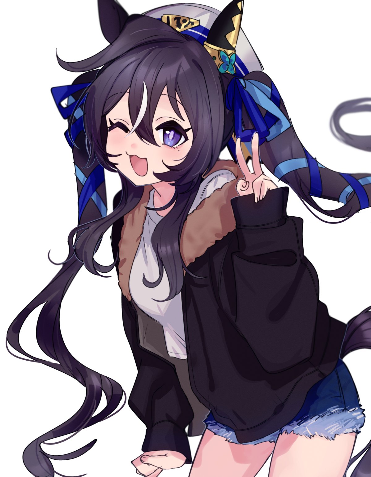 1girl, :3, ;d, animal_ears, black_hair, black_jacket, blue_ribbon, denim