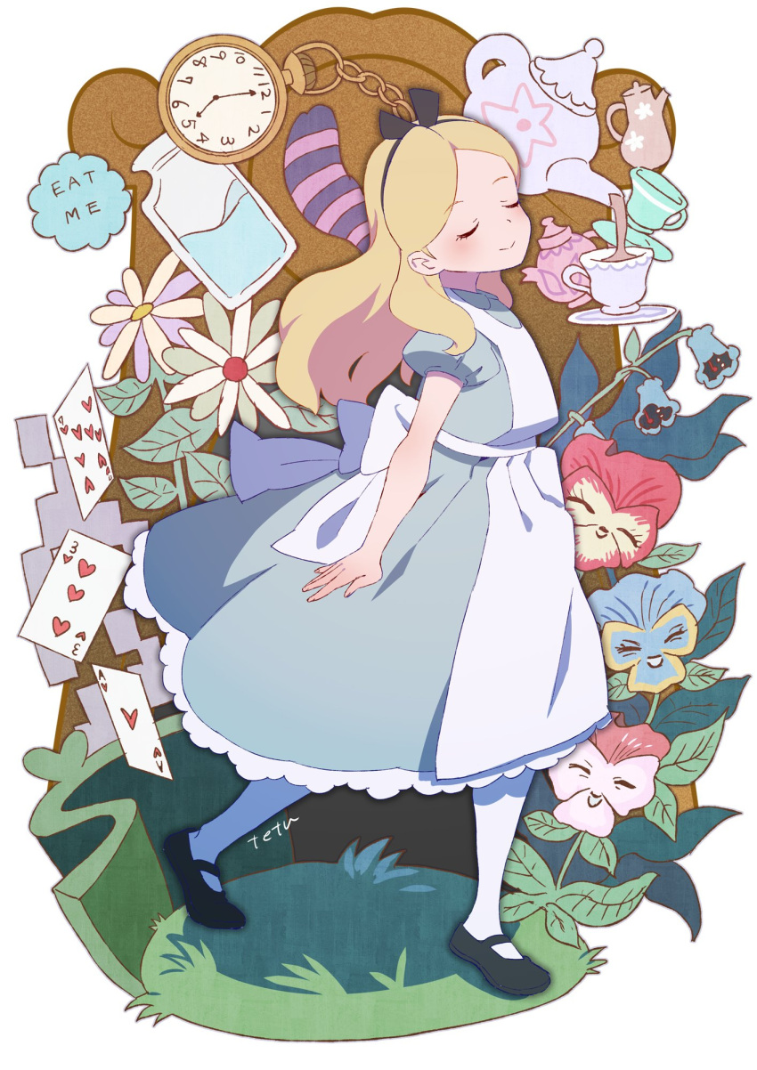 1girl, ace_(playing_card), ace_of_hearts, alice_(alice_in_wonderland), alice_in_wonderland, apron, arms_at_sides, black_footwear