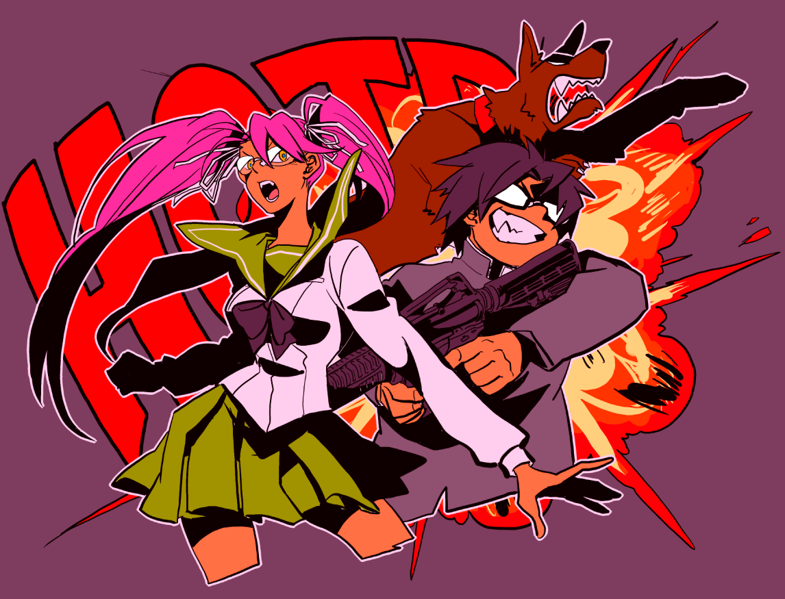 explosion, glasses, gun, highschool_of_the_dead, hirano_kohta, katou_(hyaena), pink_hair, school_uniform