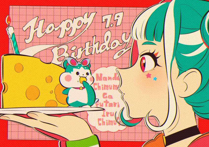1girl, black_choker, black_eyes, blue_hair, blunt_bangs, candle, character_name, cheese