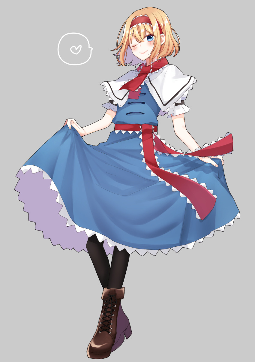 1girl, ;), absurdres, alice_margatroid, black_pantyhose, blonde_hair, blue_eyes, blue_shirt