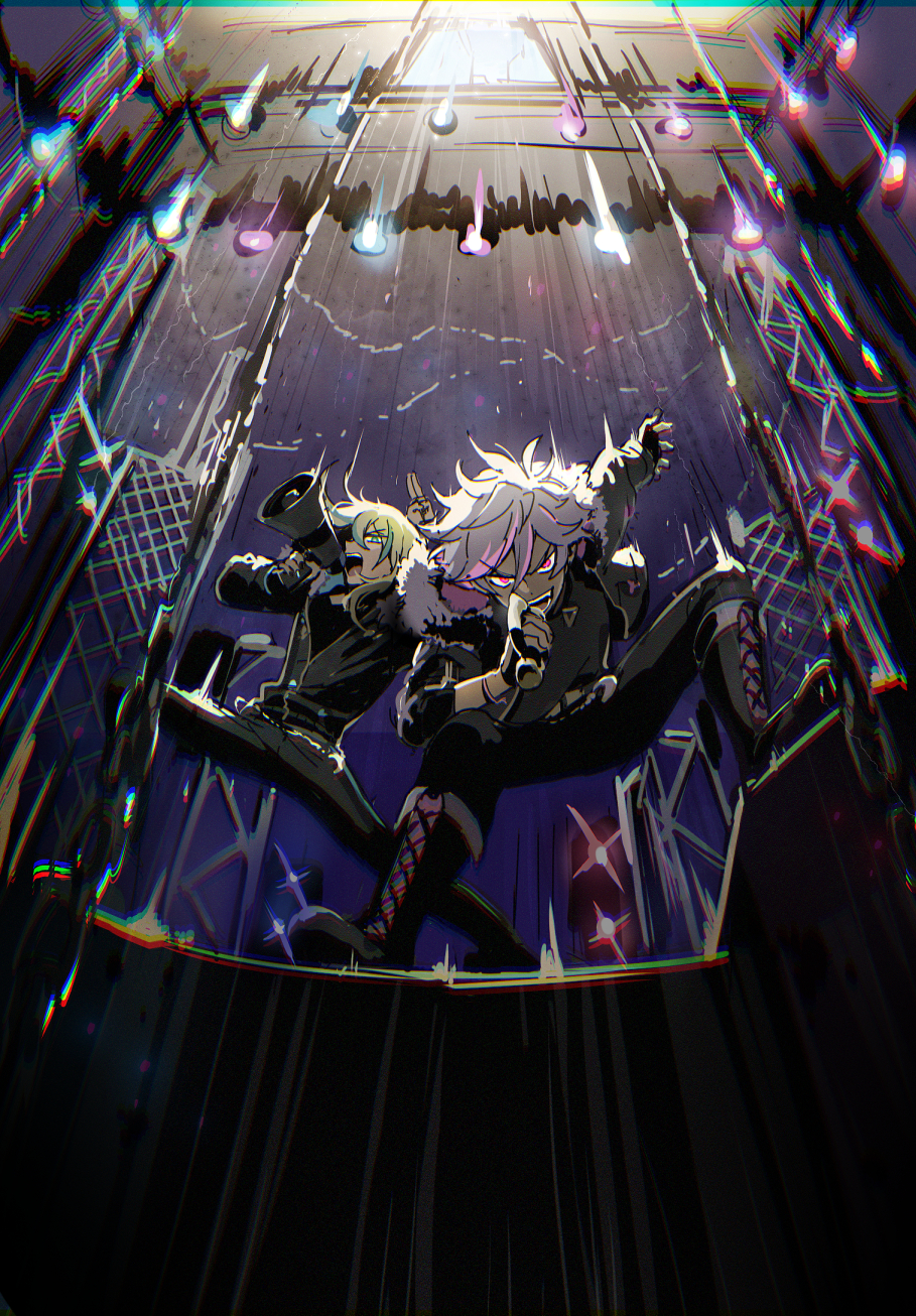 2boys, black_footwear, black_jacket, black_pants, black_shirt, blonde_hair, blue_hair, boots