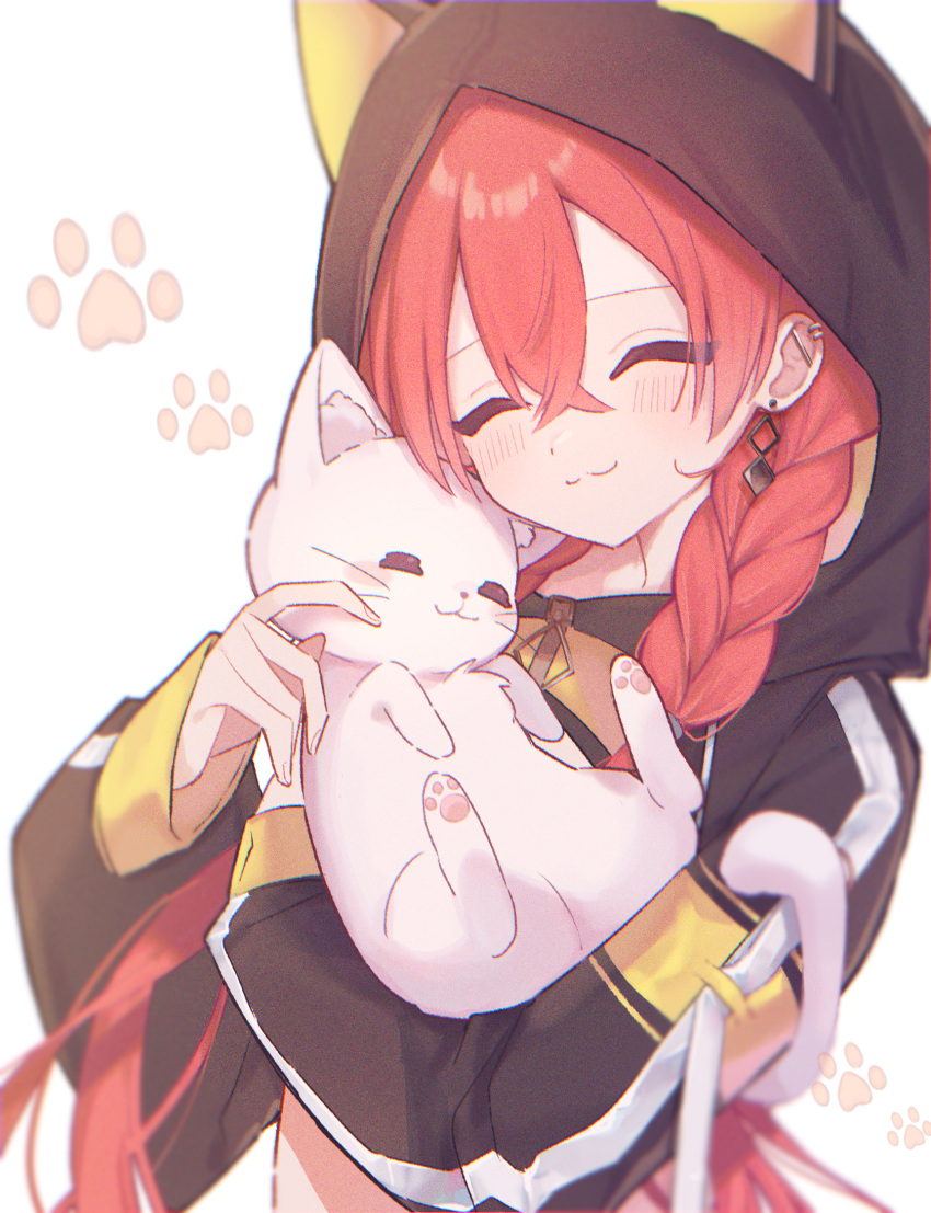 1girl, :3, animal_ears, animal_hug, black_jacket, blush, cat, closed_eyes