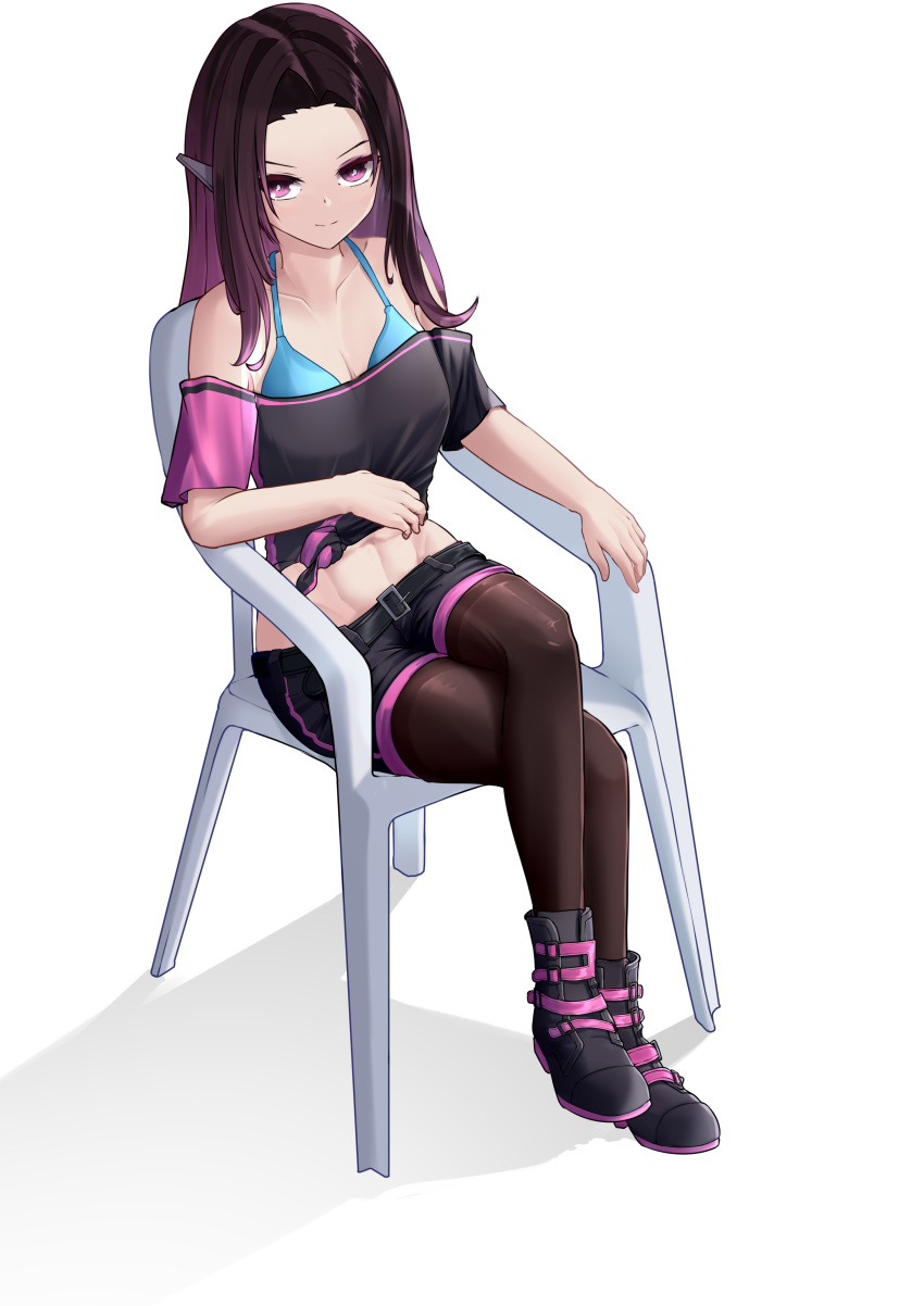 1girl, abs, absurdres, bare_shoulders, belt, black_hair, black_shirt, black_shorts, boots, bra, breasts, chair, commission, commissioner_upload, crop_top, crossed_legs, deryuuter, dusk_(wayanfa), highres, long_hair, looking_at_viewer, mechanical_ears, mega_man_(series), mega_man_zero_(series), multicolored_hair, non-web_source, original, pantyhose, pink_eyes, purple_hair, shirt, short_sleeves, shorts, simple_background, sitting, sitting_on_object, small_breasts, smug, tied_shirt, two-tone_hair, underwear