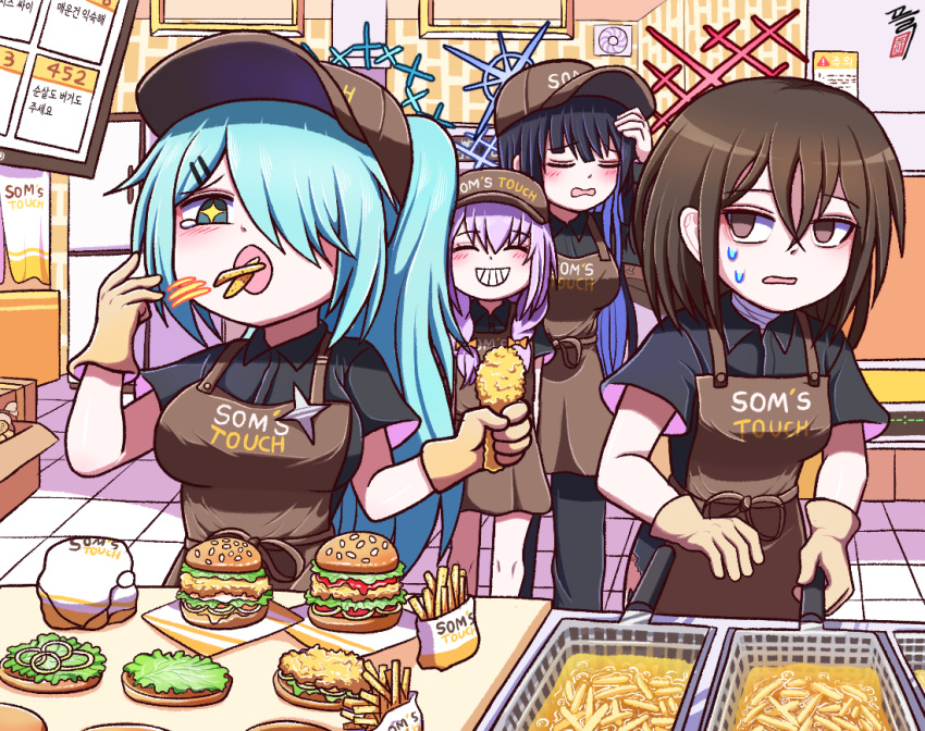 4girls, arius_squad_(blue_archive), atsuko_(blue_archive), black_hair, black_pants, black_shirt, blue_archive, blue_hair