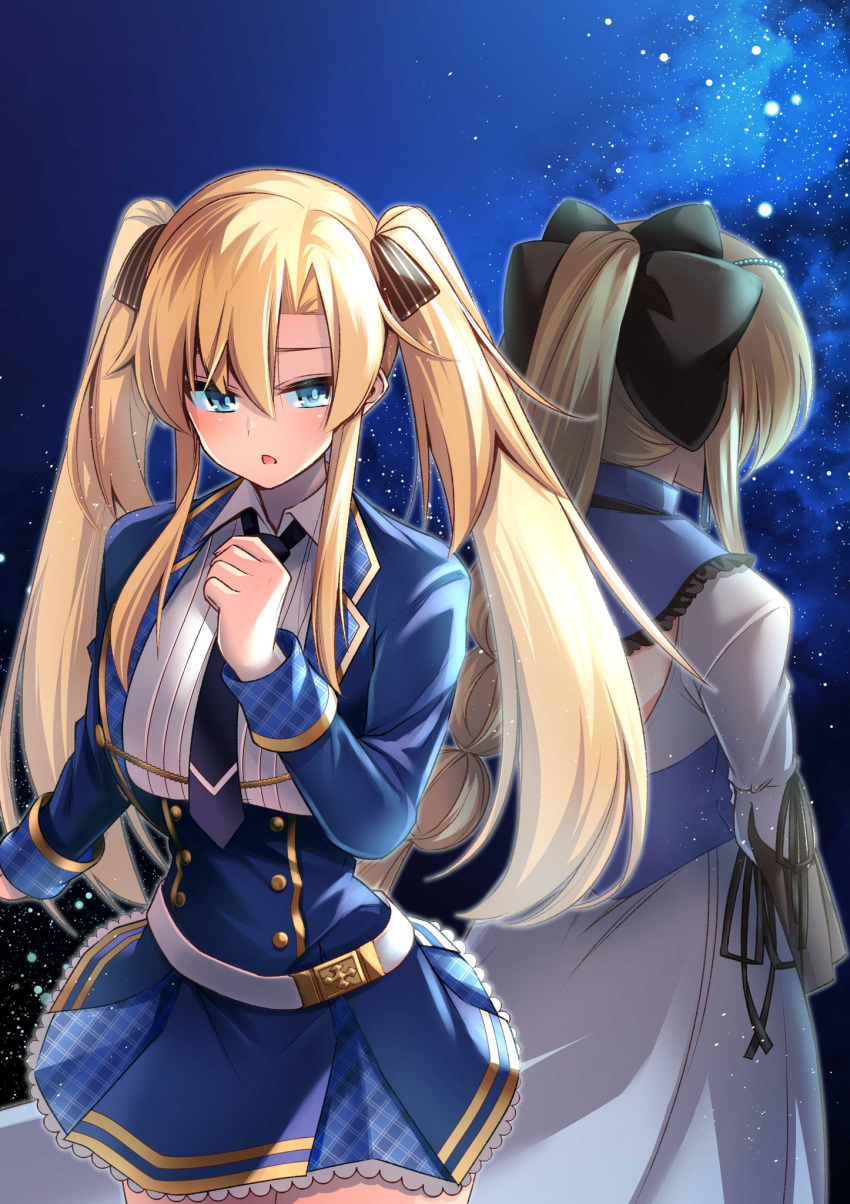 2girls, altiria_ray_o'ltriese, blonde_hair, blue_eyes, excalibur_academy_uniform, hair_between_eyes, hair_ornament, highres