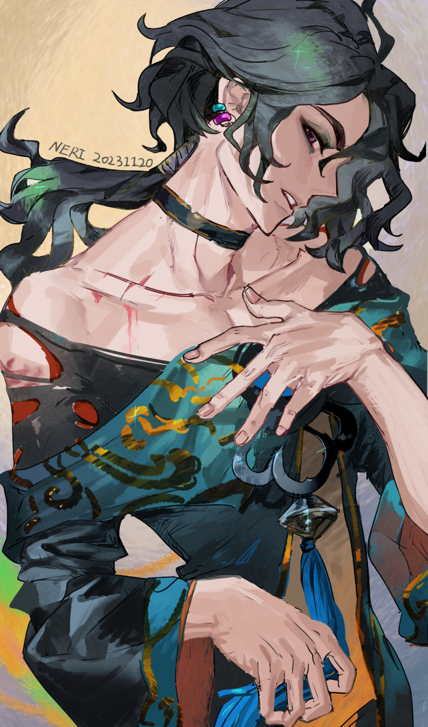 1boy, absurdres, artist_name, black_hair, blood_on_body, collarbone, earrings, fingernails