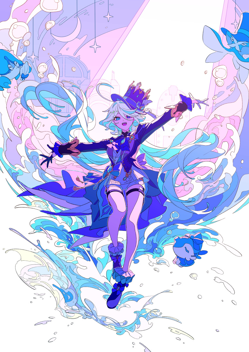 1girl, :d, absurdres, ahoge, air_bubble, ascot, asymmetrical_gloves, black_gloves, blue_ascot, blue_bow, blue_brooch, blue_eyes, blue_footwear, blue_hair, blue_headwear, blue_jacket, bow, bubble, commentary_request, crescent_moon, floating_hair, full_body, furina_(genshin_impact), genshin_impact, gloves, hair_between_eyes, hat, heterochromia, highres, jacket, lazool_721, legs, light_blue_hair, long_hair, looking_at_viewer, mismatched_gloves, moon, multicolored_hair, open_mouth, outstretched_arms, shorts, sidelocks, smile, socks, solo, splashing, star_(symbol), streaked_hair, teeth, top_hat, two-tone_hair, upper_teeth_only, water, white_gloves, white_shorts, white_socks