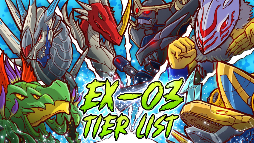 aegisdramon, clenched_hand, digimon, dragon, examon, glowing, glowing_eyes, goddramon, highres, horns, hydramon, imperialdramon, imperialdramon_fighter_mode_(black), lumchop_art, mask, metallicdramon, plant, red_eyes, robot, sharp_teeth, smile, teeth