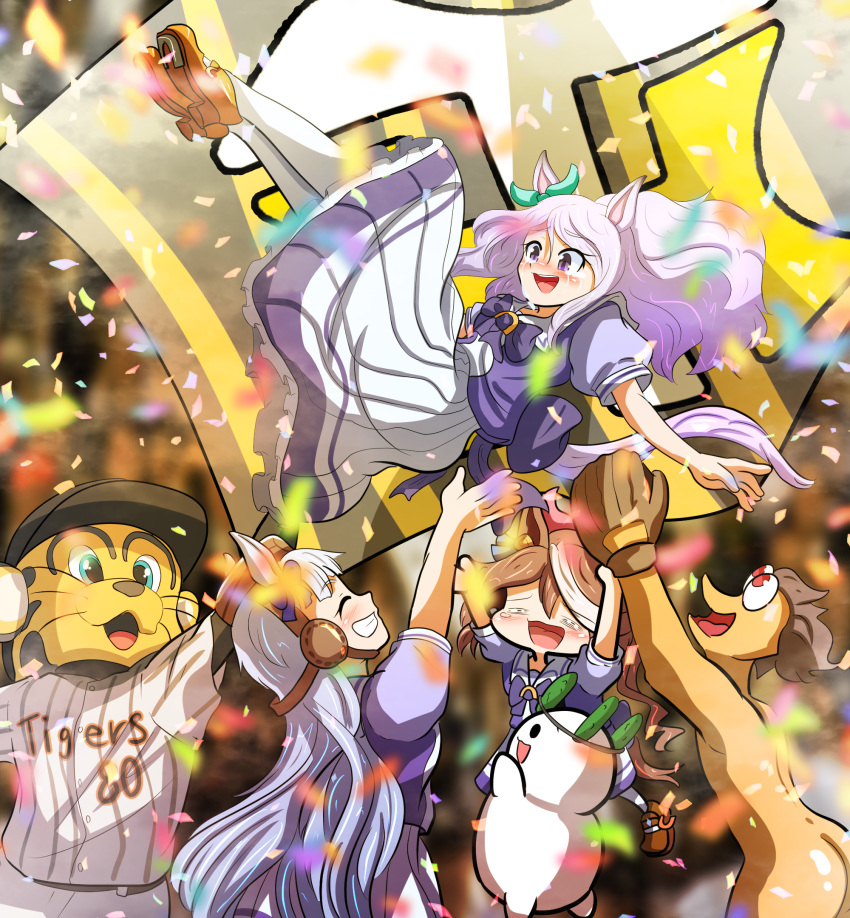 2channel, 3girls, 3others, animal_ears, aqua_bow, baseball_cap, blurry, blurry_background