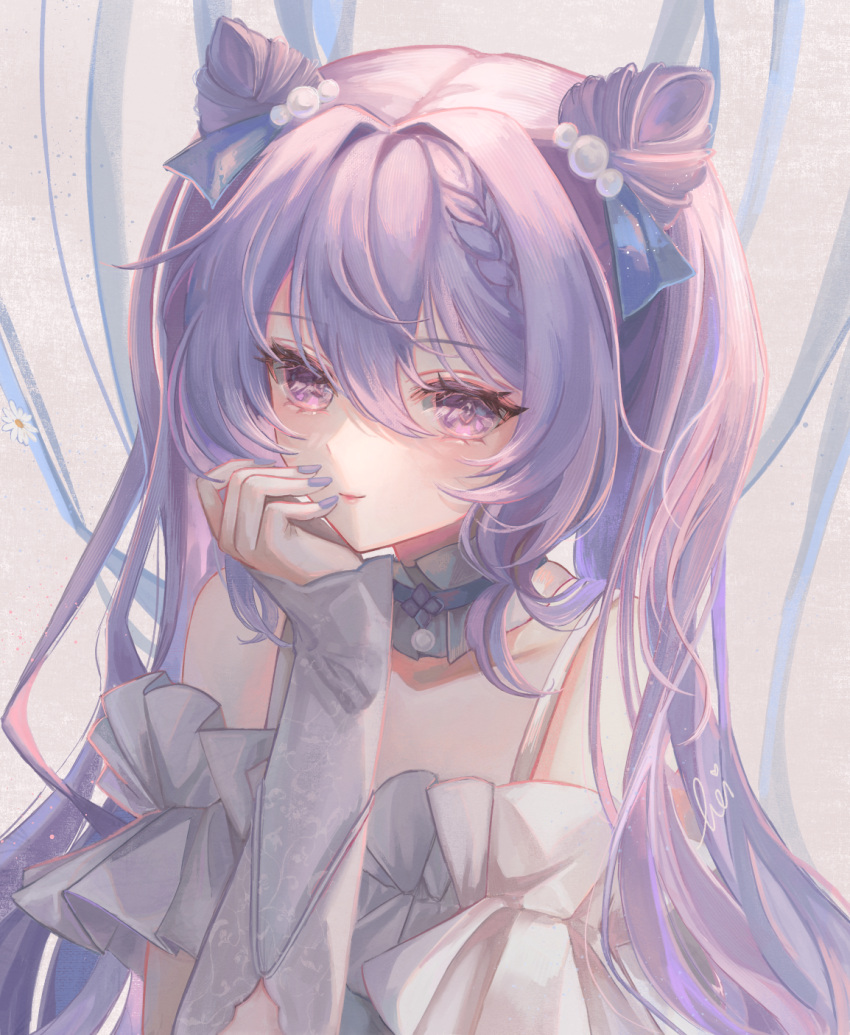 1girl, bare_shoulders, braid, closed_mouth, collar, commentary_request, cone_hair_bun, dress