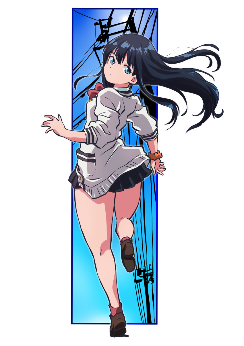 1girl, ass, black_hair, black_skirt, blue_eyes, bow, bowtie, breasts