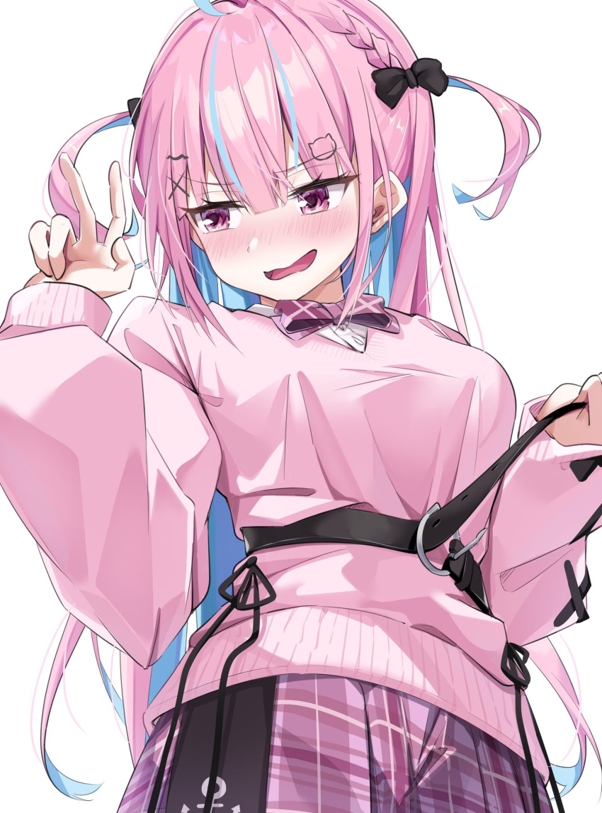 1girl, anchor_print, averting_eyes, belt, bent_v, black_belt, black_bow, blue_hair