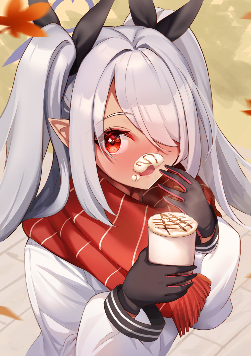 1girl, absurdres, black_gloves, black_ribbon, blue_archive, dark-skinned_female, dark_skin, drink