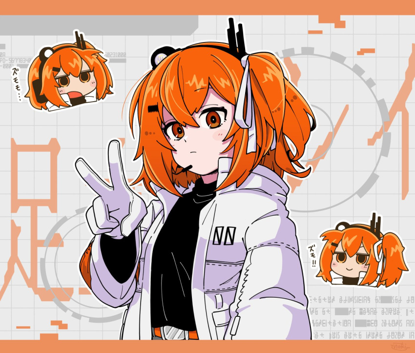1girl, a.i._voice, adachi_rei, belt, black_shirt, blush_stickers, breasts, character_name, chibi, chibi_inset, expressionless, fake_text, fujinoki_(horonabe-ken), gloves, grid_background, hair_ornament, hair_ribbon, hairclip, headlamp, headset, highres, jacket, jitome, long_sleeves, looking_at_viewer, medium_breasts, medium_hair, multiple_views, no_sclera, one_side_up, open_clothes, open_jacket, open_mouth, orange_belt, orange_eyes, orange_hair, outline, radio_antenna, redaction, ribbon, shirt, smile, turtleneck, upper_body, utau, v, white_gloves, white_jacket, white_outline, white_ribbon