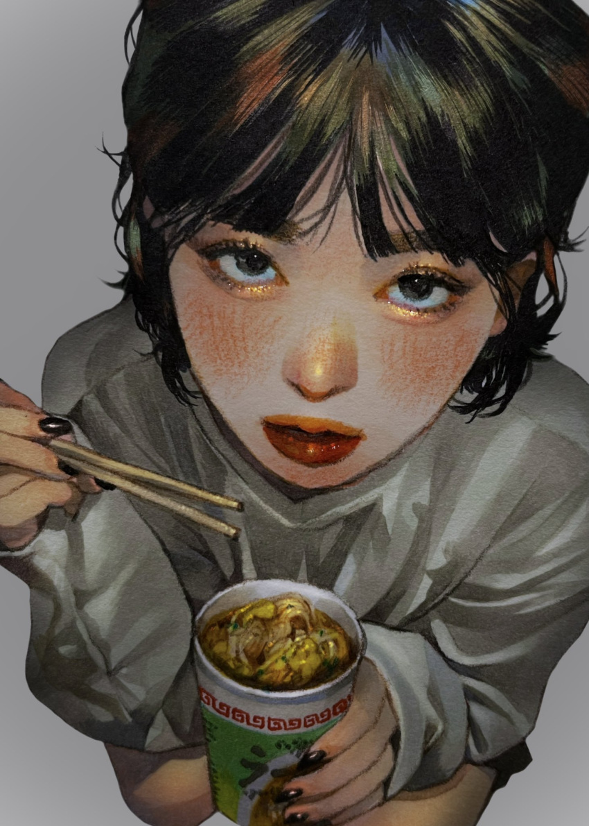1girl, black_eyes, black_hair, black_shorts, blush, chom1015, chopsticks, commentary