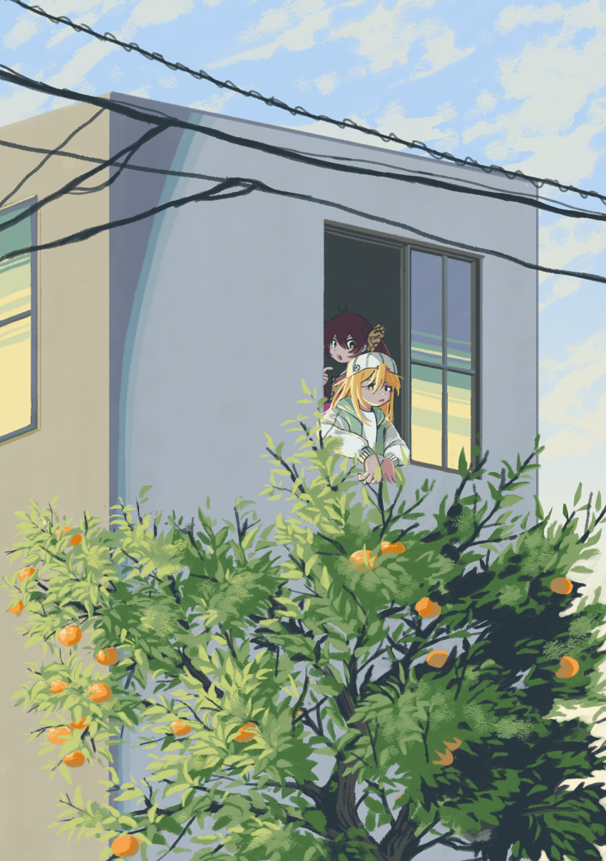 2girls, absurdres, backwards_hat, baseball_cap, beat_shooter_(idolmaster), brown_hair, building, cable
