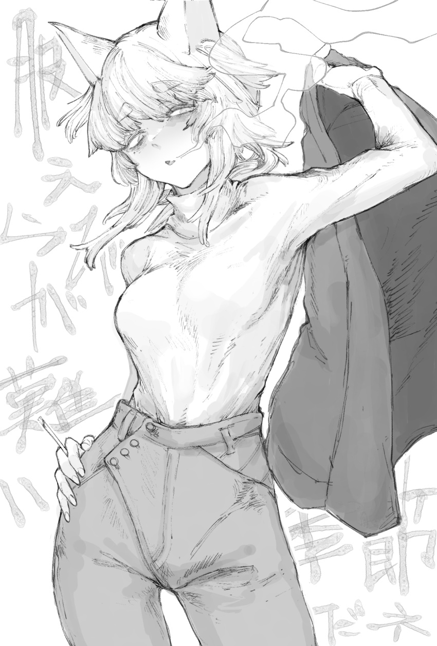 1girl, breasts, cigarette, expressionless, hand_up, highres, holding, holding_cigarette