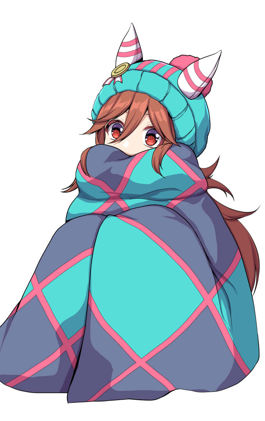 1girl, absurdres, alternate_eye_color, animal_ears, blanket, brown_eyes, clip_studio_paint_(medium), hair_between_eyes