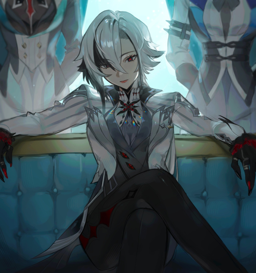 3girls, absurdres, arlecchino_(genshin_impact), artist_name, black_eyes, black_hair, black_nails, black_pants