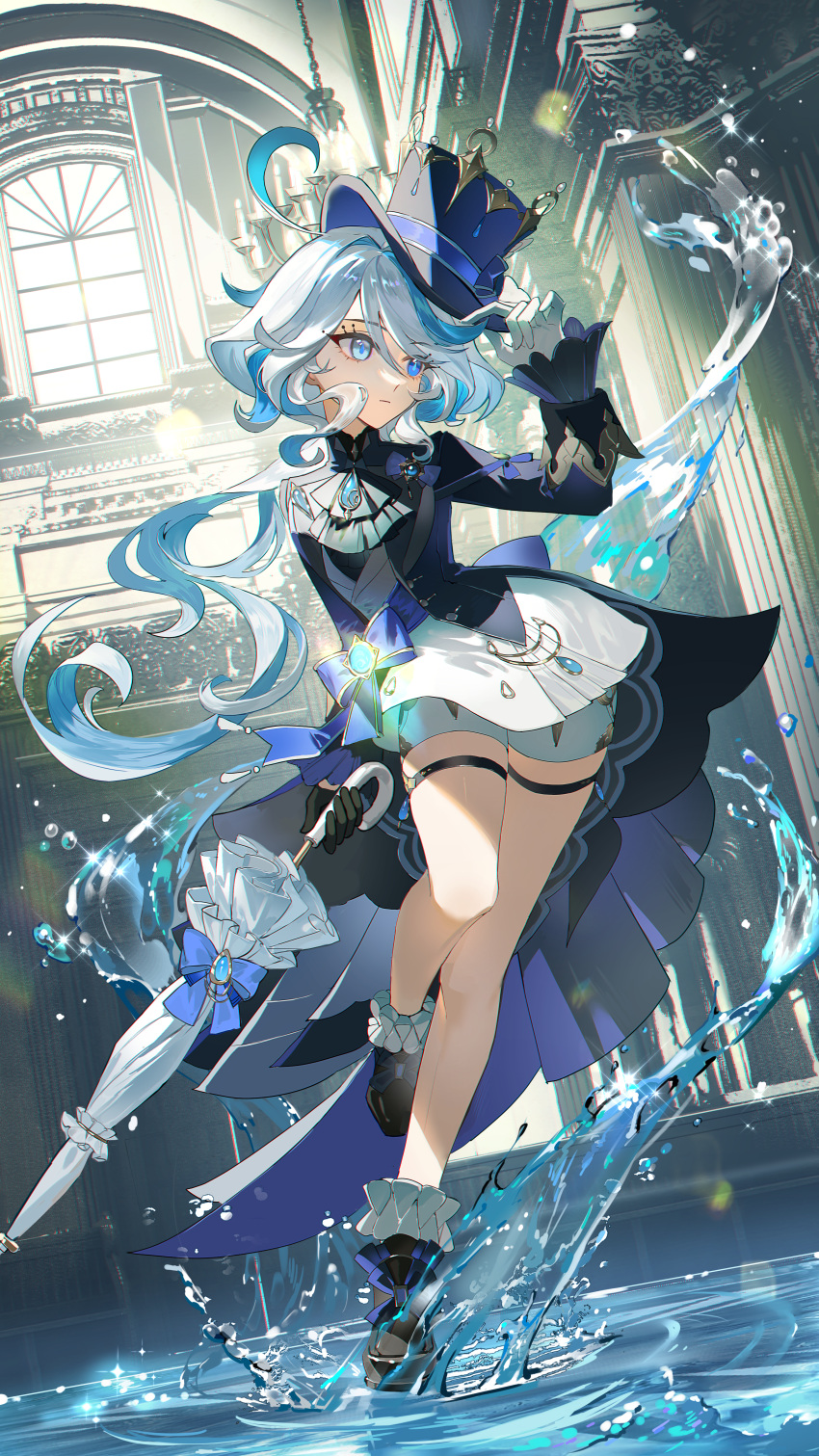 1girl, absurdres, ahoge, air_bubble, ankle_cuffs, ascot, asymmetrical_gloves, black_ascot