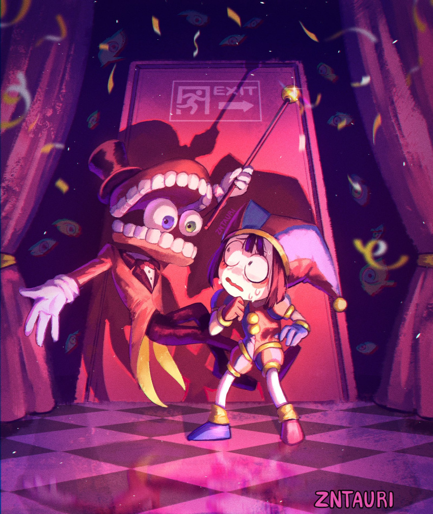 1boy, 1girl, artist_name, bow, bowtie, caine_(the_amazing_digital_circus), cane, clown