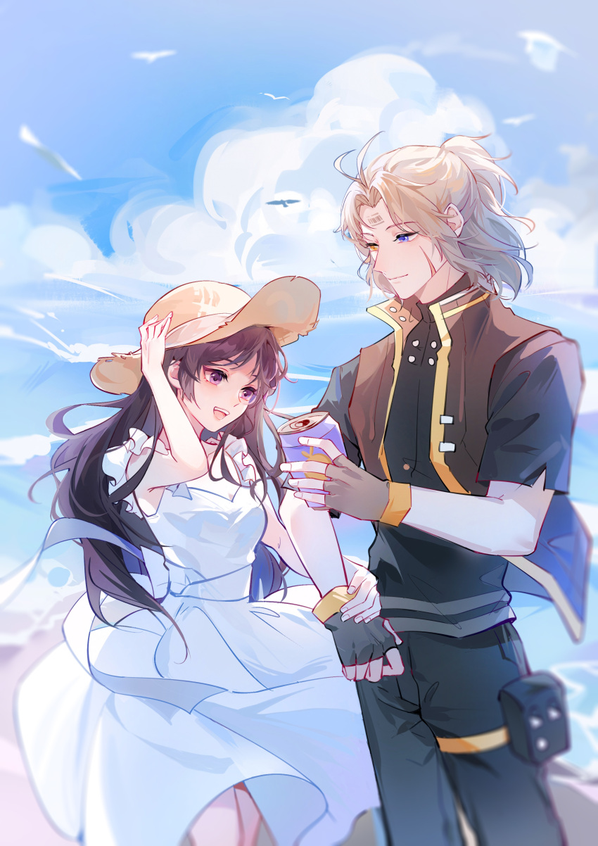 1boy, 1girl, absurdres, adjusting_clothes, adjusting_headwear, alternate_costume, antenna_hair, asymmetrical_gloves