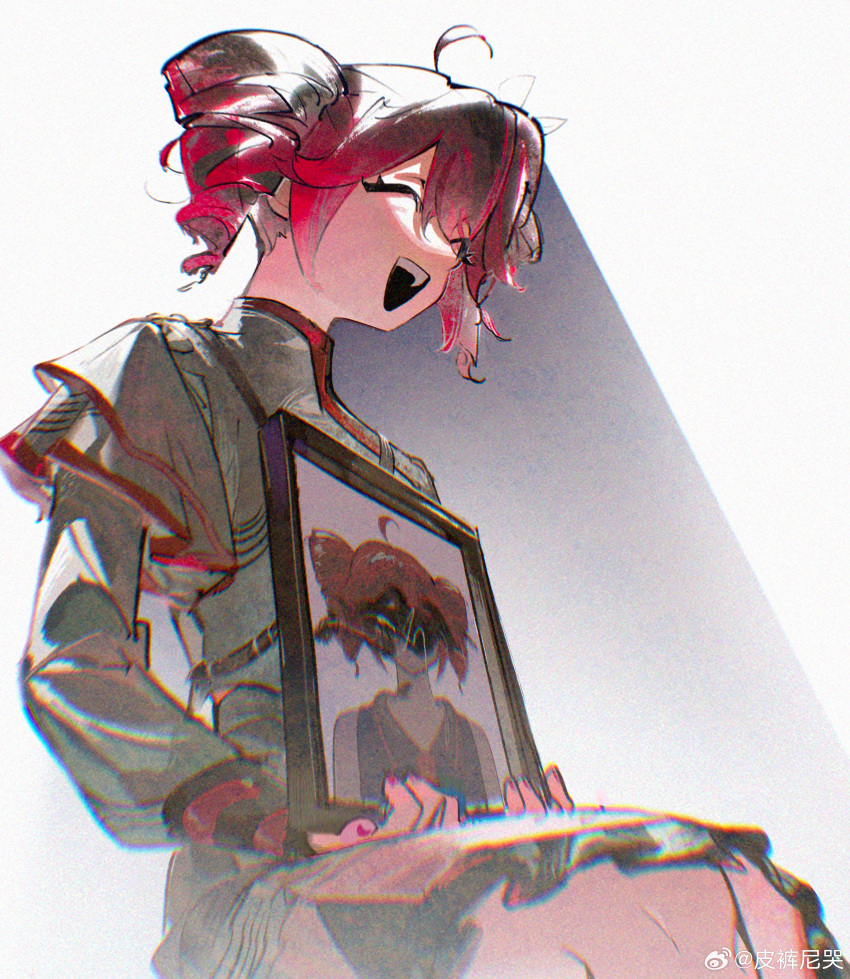 1girl, ^_^, absurdres, ahoge, black_mouth, black_skirt, chirijiri_(synthesizer_v), closed_eyes, commentary_request, drill_hair, dual_persona, false_smile, feet_out_of_frame, grey_jacket, grey_skirt, hair_ribbon, high_collar, highres, holding, holding_photo, iei, jacket, kasane_teto, kasane_teto_(sv), la_campanella_(gmfzge), layered_skirt, long_sleeves, musical_staff_print, open_mouth, photo_(object), print_jacket, red_nails, redhead, ribbon, scribble_censor, shadow, short_hair, shoulder_belt, sidelighting, simple_background, sitting, skirt, sleeve_cuffs, smile, solo, synthesizer_v, twin_drills, uniform, utau, watermark, weibo_logo, weibo_username, white_background, white_ribbon