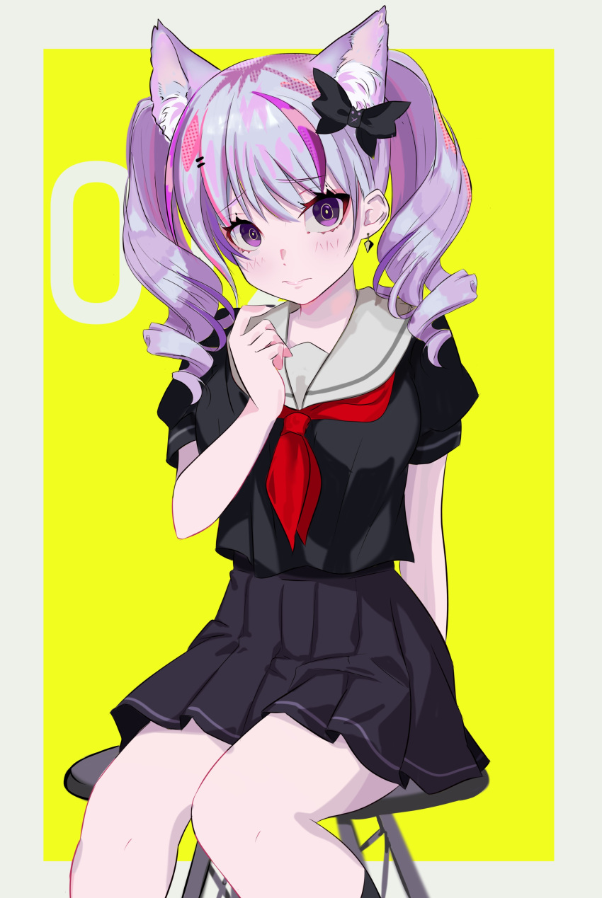 1girl, absurdres, alternate_costume, animal_ear_fluff, animal_ears, black_bow, black_serafuku, black_skirt, black_socks, blush, border, bow, breasts, drill_hair, e-on_studio, earrings, english_commentary, frown, hair_bow, hair_ornament, hairclip, halftone, hand_up, highres, jewelry, knees_together_feet_apart, large_breasts, long_hair, looking_at_viewer, multicolored_hair, neckerchief, nervous, nymphaaea, outside_border, pink_hair, pleated_skirt, plunplun, polka_dot, purple_hair, red_neckerchief, sailor_collar, school_uniform, serafuku, sitting, skirt, socks, solo, streaked_hair, twin_drills, twintails, violet_eyes, virtual_youtuber, white_border, white_sailor_collar, yellow_background