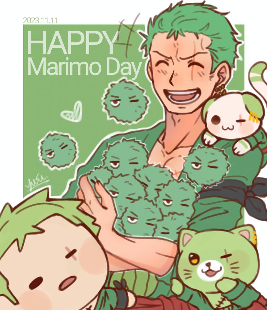 1boy, :3, ^_^, animalization, carrying, cat, character_doll, closed_eyes, green_hair, green_kimono, green_theme, happy, japanese_clothes, kimono, laughing, male_focus, marimo, marimo_zoro, minoko_sama, one_piece, roronoa_zoro, scar, scar_across_eye, short_hair, solid_oval_eyes, two-tone_background, upper_body
