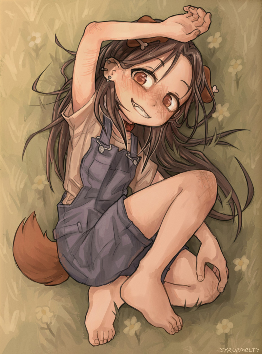 1girl, absurdres, animal_collar, animal_ears, arm_up, barefoot, blue_overalls, bone_hair_ornament