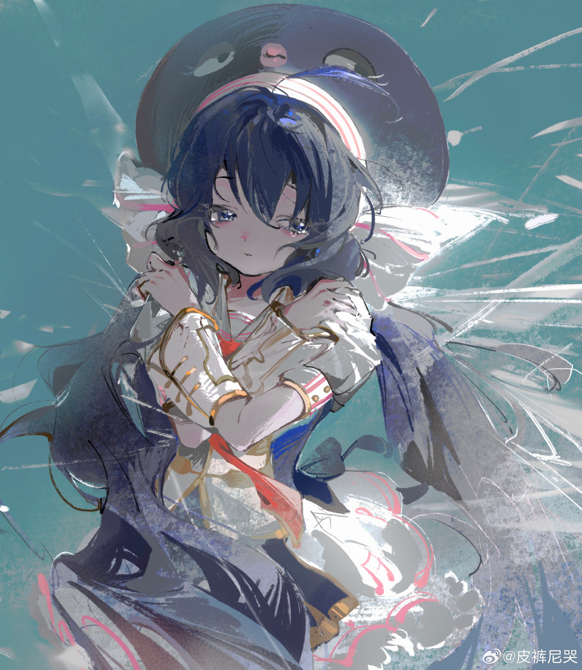 1girl, absurdres, ahoge, bags_under_eyes, blue_background, blue_hair, blue_jacket, chinese_commentary