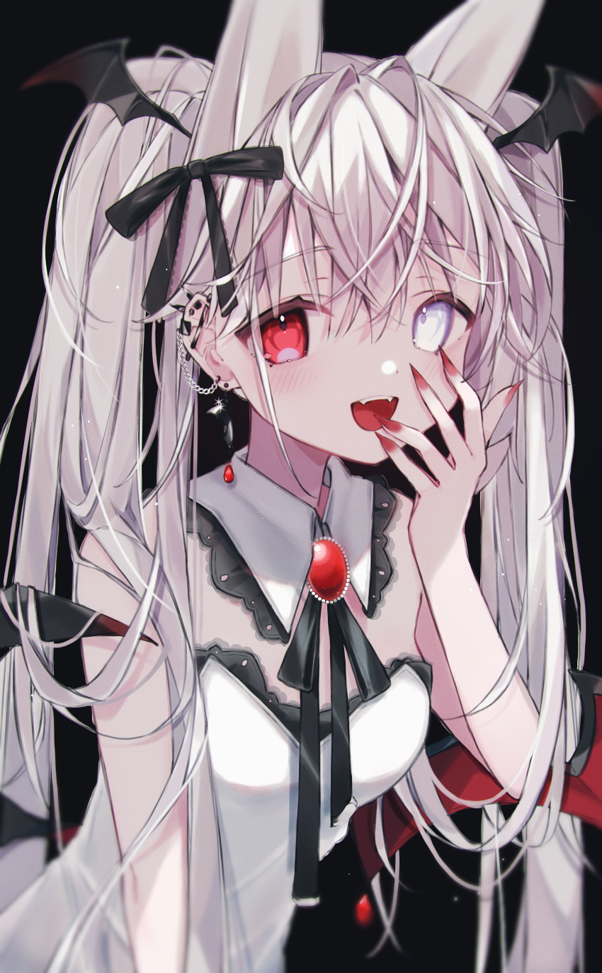 1girl, absurdres, animal_ears, bat_wings, black_ribbon, detached_collar, dress, ear_piercing