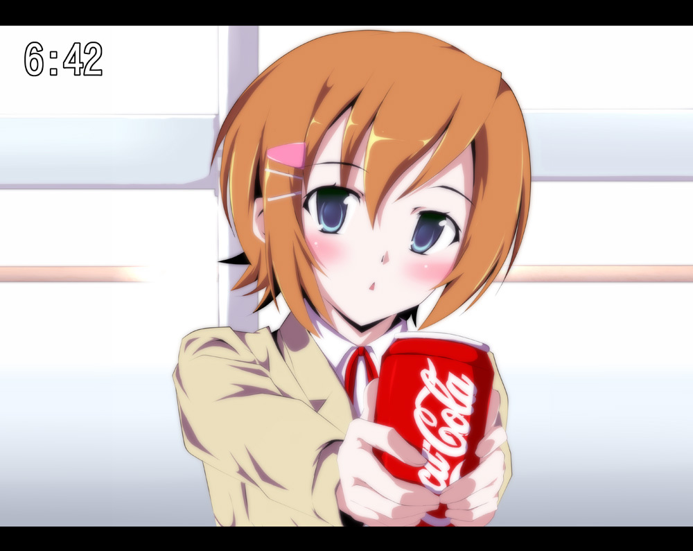 can, coca-cola, crossdressinging, hair_ornament, hairclip, mako-chan_(minami-ke), minami-ke, o-ryoku, product_placement, school_uniform, trap