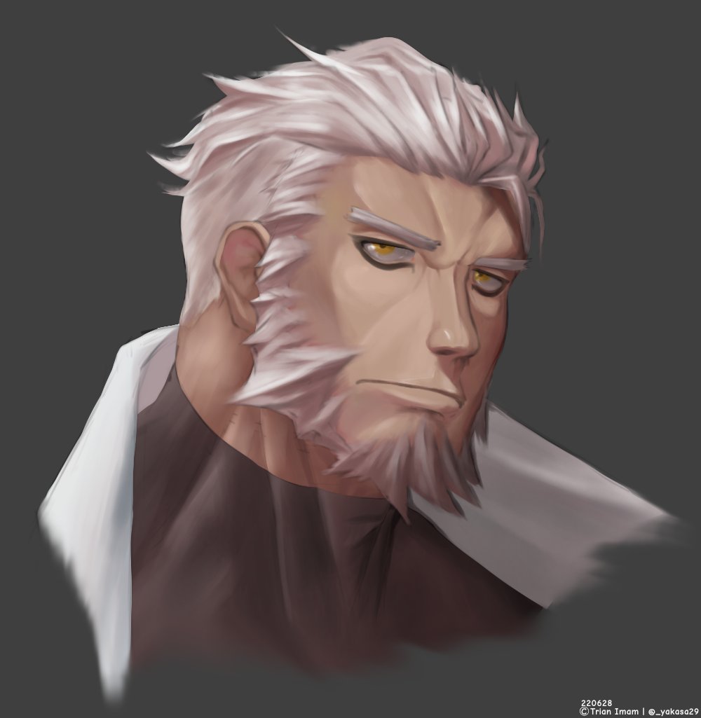 1boy, absok29, adam's_apple, alchemy_stars, alternate_hair_length, alternate_hairstyle, cropped_head, dark-skinned_male