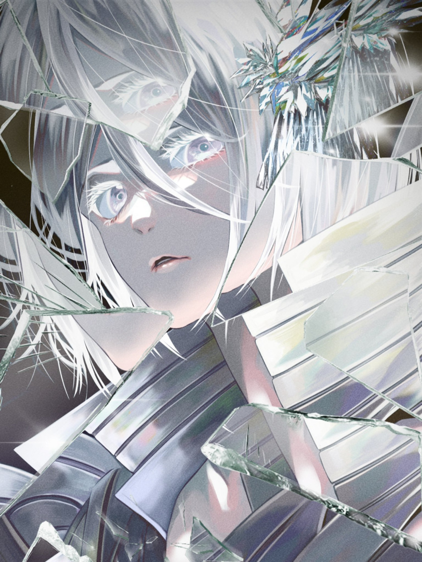 1girl, ajuji_aju, bleach, bleach:_sennen_kessen-hen, broken_glass, colored_skin, crystal_hair_ornament, glass