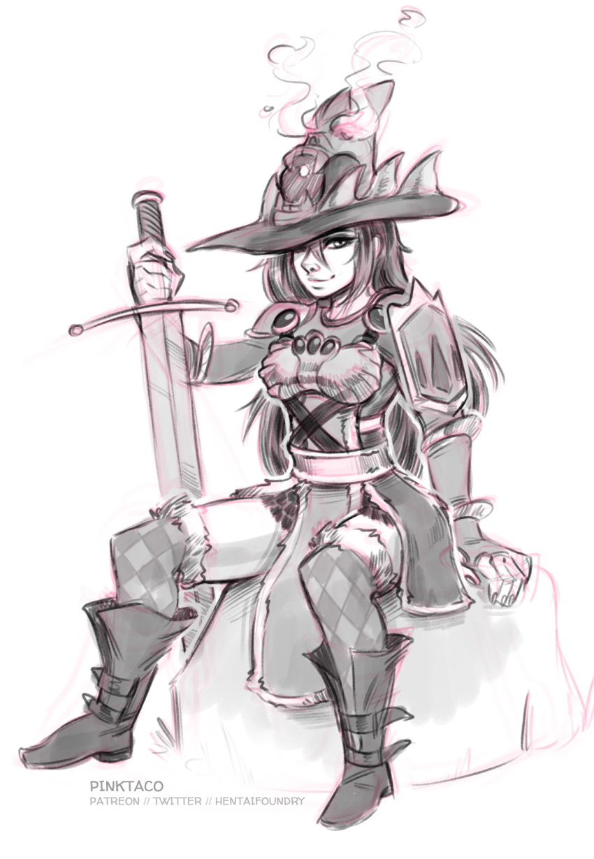 1girl, argyle, argyle_legwear, armor, boots, breasts, commentary, commission