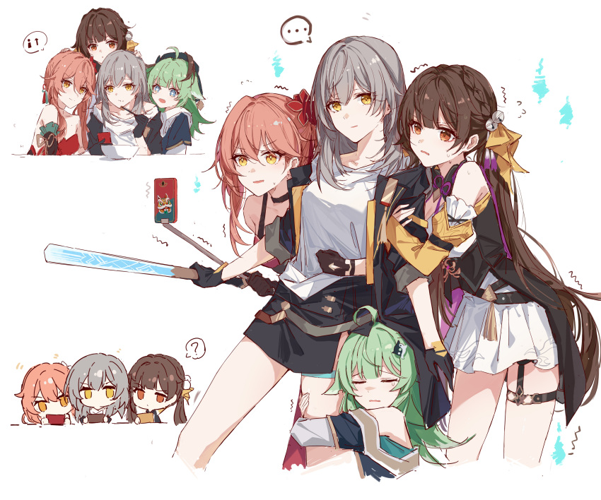 4girls, ?, absurdres, bare_shoulders, baseball_bat, black_choker, black_gloves, black_jacket