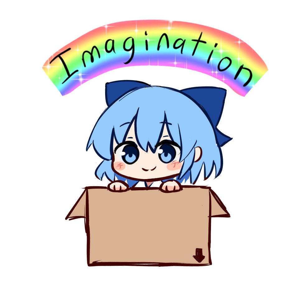 1girl, blue_bow, blue_hair, bow, box, cardboard, cirno, commentary