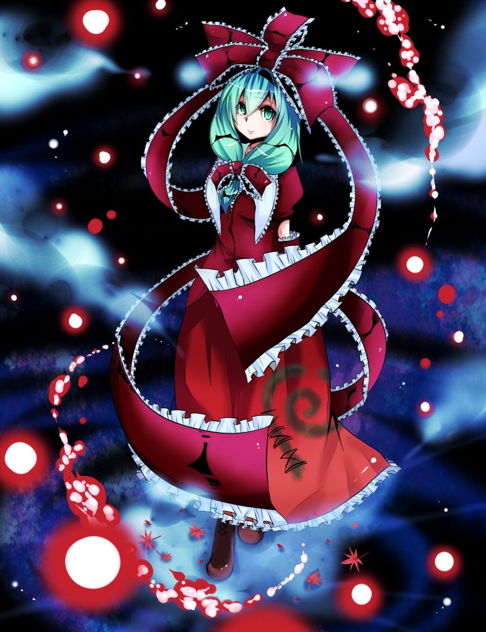 boots, bow, cloud, clouds, danmaku, dress, frills, green_eyes