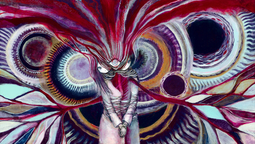 1boy, 1girl, abstract, bandaged_hand, bandaged_neck, bandages, black_hair, blue_pants