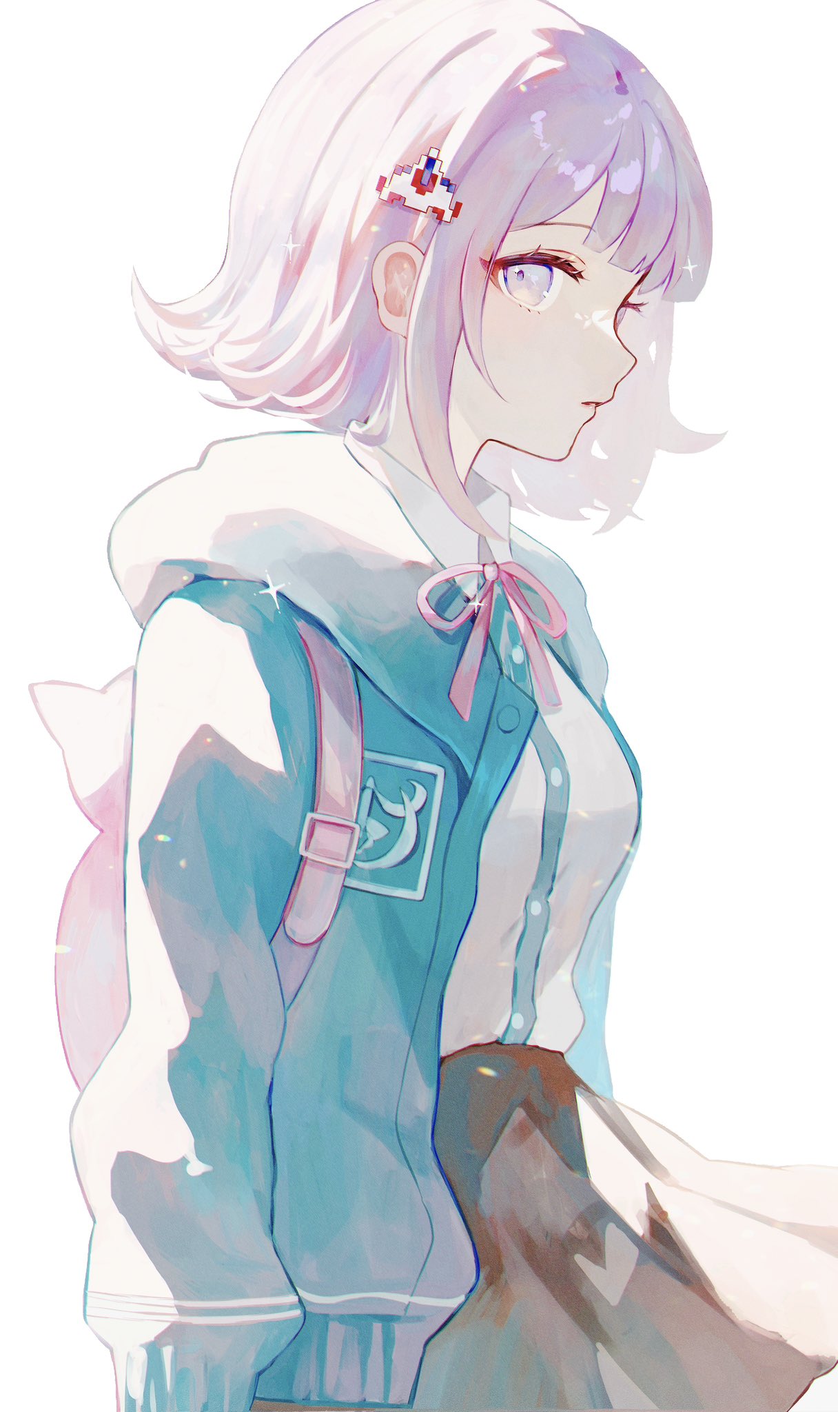 1girl, animal_bag, brown_skirt, cat_bag, collared_shirt, danganronpa_(series), danganronpa_2:_goodbye_despair, flipped_hair