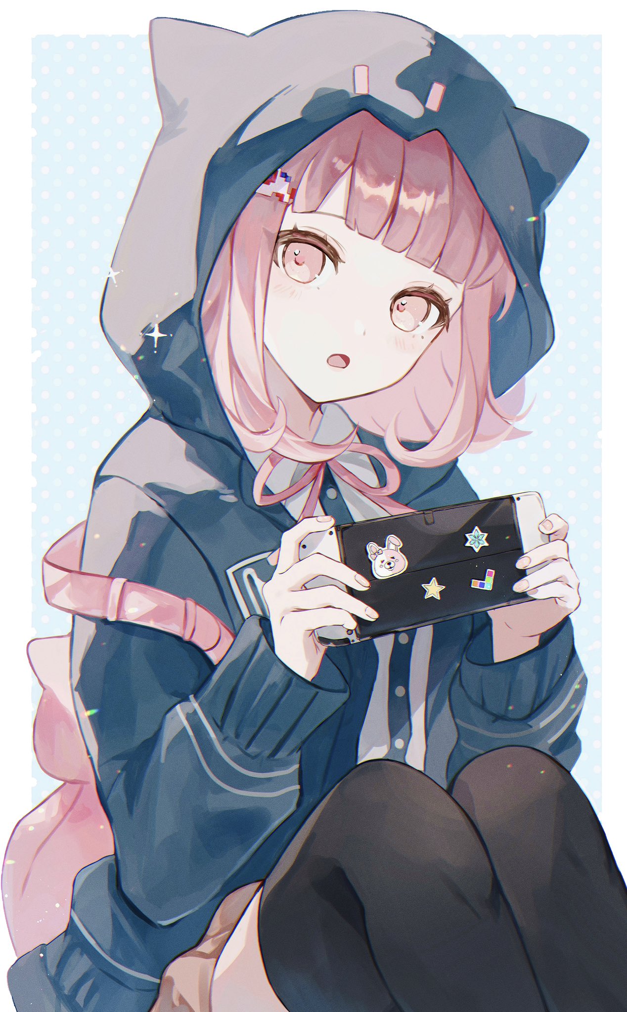 1girl, :o, animal_bag, backpack, bag, black_shirt, blunt_bangs, brown_hair